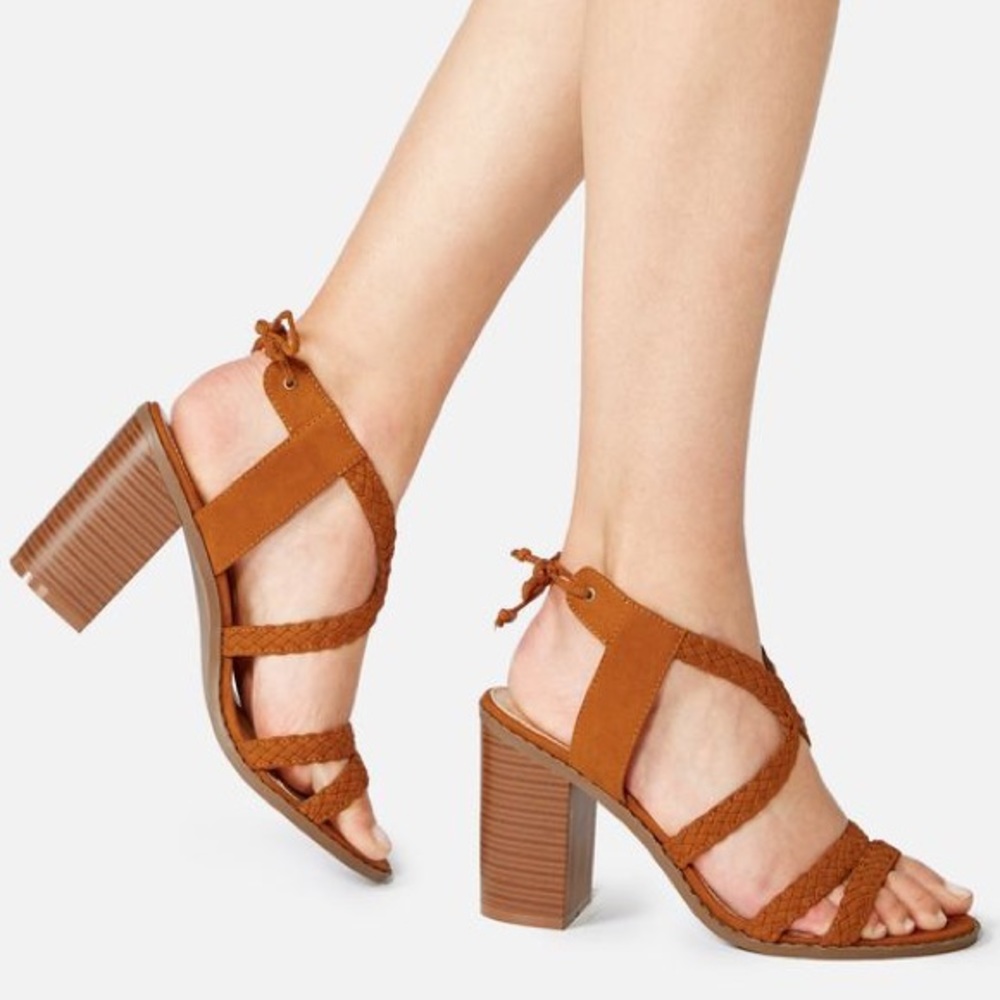 JustFab Brenda Braided Heeled Sandal in Cognac - Picture 2 of 6